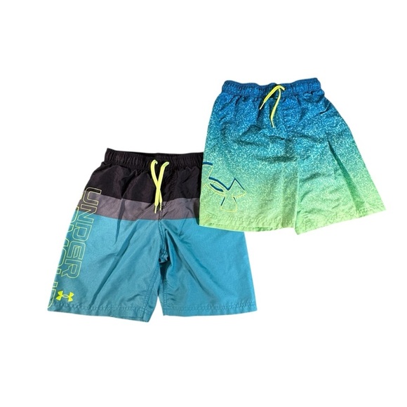 Under Armour Boys Size YLG Swim Trunks Board Shorts 2 Pair Lot Green Blue - Picture 1 of 16